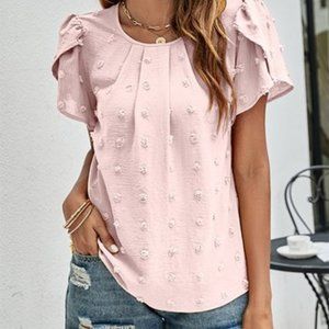 NWT LS | Pink Swiss Dot Pleated-Neck Puff-Sleeve Top - large